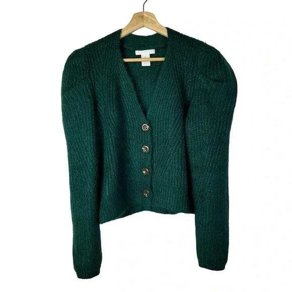 Design History Green Rib Knit Puff Sleeve Button Down Cardigan Sweater XS - Picture 3 of 6